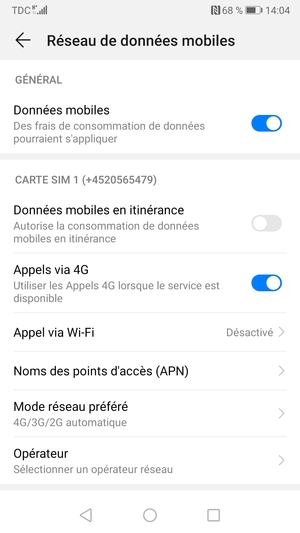 Faites défiler jusqu'à CARTE SIM 1 ou CARTE SIM 2 et sélectionnez Noms des points d'accès (APN)