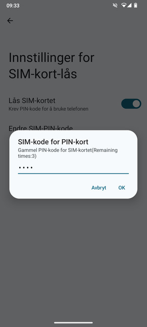Skriv inn en Gammel PIN-kode for SIM-kort og velg OK