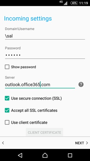 Enter Username and Exchange server address. Select NEXT