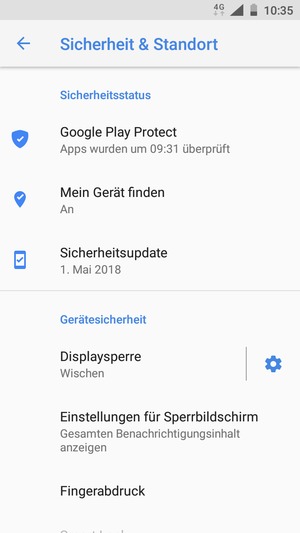 Um Ihre Bildschirmsperre zu aktivieren, gehen Sie zum Sicherheit & Standort Menü und wählen Sie  Displaysperre