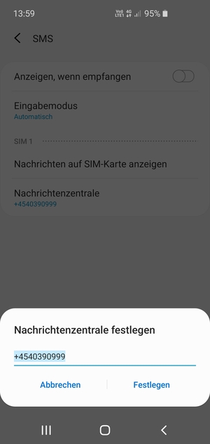 Geben Sie die Nachrichtenzentrale Nummer ein und wählen Sie Festlegen