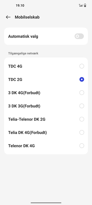Vælg en netværksudbyder fra listen