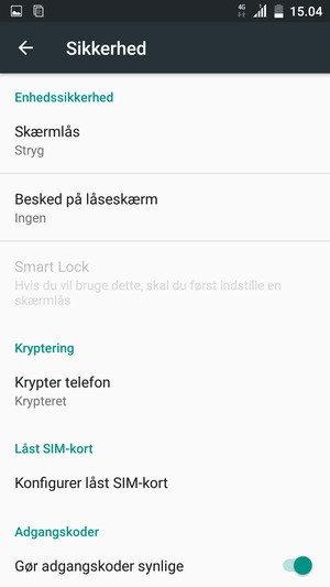 For at aktivere din skærmlås, gå til menuen Sikkerhed og vælg Skærmlås