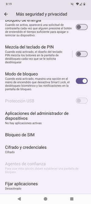 Desplácese y seleccione Bloqueo de SIM