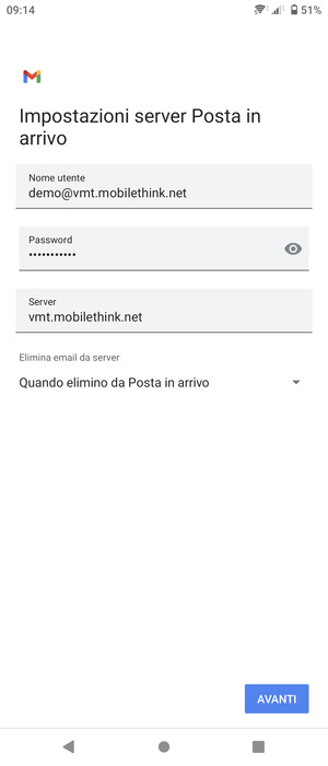 Inserisci Nome utente e l'indirizzo del server di posta in arrivo. Seleziona AVANTI
