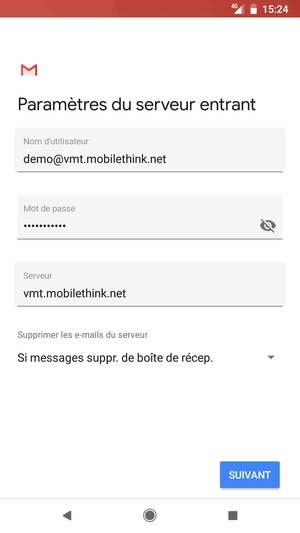 Saisissez votre Nom d'utilisateur et l'adresse du serveur entrant. Sélectionnez SUIVANT