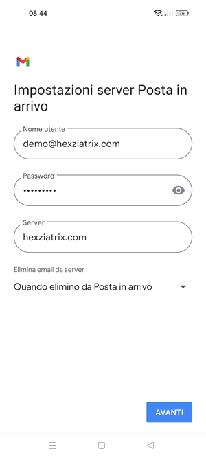 Inserisci Nome utente e l'indirizzo del server di posta in arrivo. Seleziona AVANTI