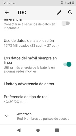 Desplácese y seleccione Avanzado