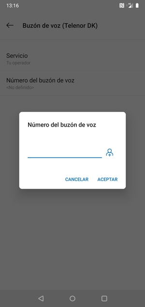 Introduzca el Número del buzón de voz y seleccione ACEPTAR
