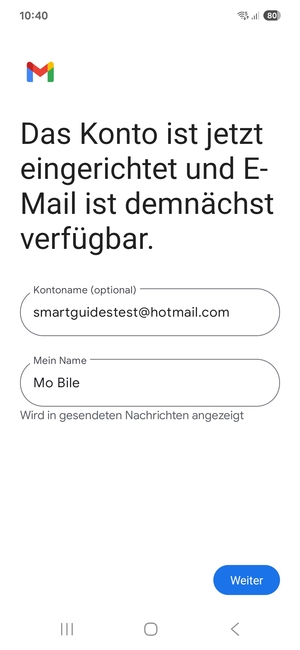 Geben Sie Ihrem Konto einen Namen und geben Sie Ihren Namen ein. Wählen Sie Weiter