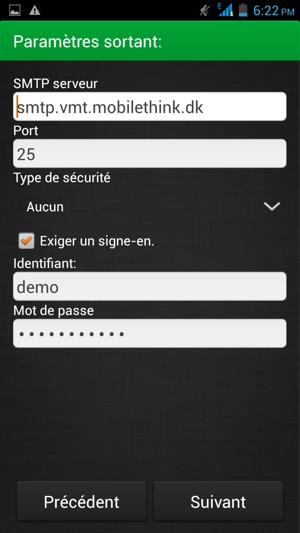 Saisissez l'adresse du serveur sortant