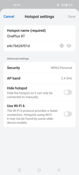 Enter a Wi-Fi hotspot password of at least 8 characters and select Save