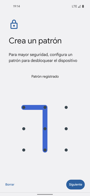 Dibuje un patrón de desbloqueo y seleccione Siguiente