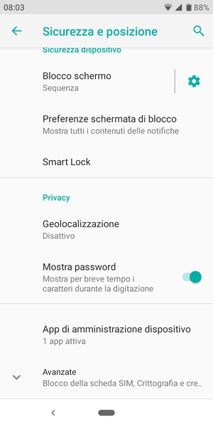 Per cambiare il PIN della scheda SIM, scorri e seleziona Avanzate