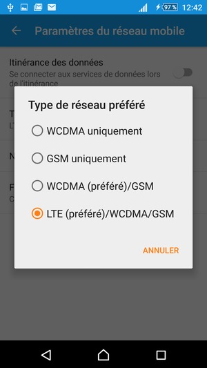 Sélectionnez LTE (préféré)/WCDMA/GSM pour activer la 4G