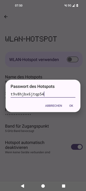 Geben Sie eine WLAN-Hotspot-Passwort mit mindestens 8 Zeichen ein und wählen Sie OK