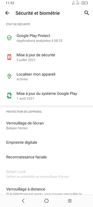 Pour activer votre verrouillage d'écran, retournez au menu Sécurité et biométrie et appuyez sur Verrouillage de l'écran