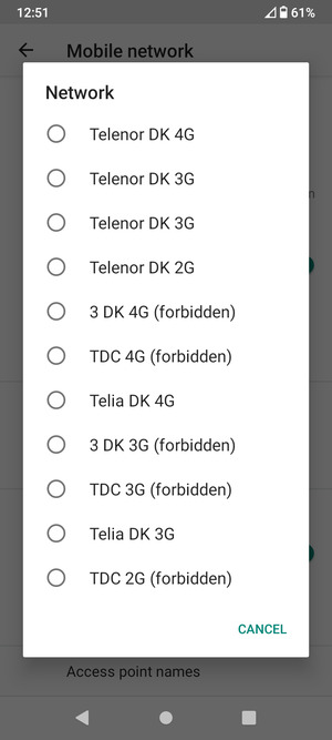 Select a network operator from the list