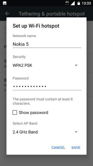 Enter a Wi-Fi hotspot password of at least 8 characters and select SAVE