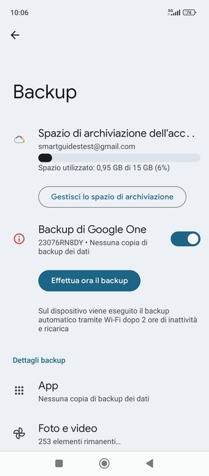 Seleziona Spazio di archivazione dell'account