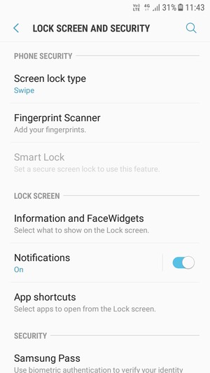 To activate your screen lock, go to the Lock screen and security menu and select Screen lock type