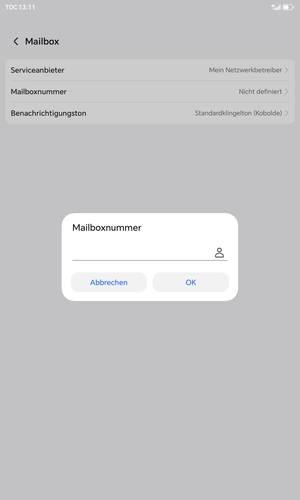 Geben Sie die Mailboxnummer ein und wählen Sie OK