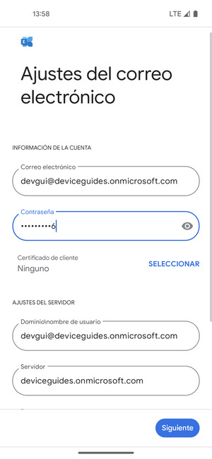 Introduzca Nombre de usuario y la dirección de servidor Exchange. Seleccione Siguiente