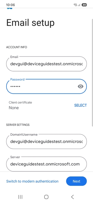 Enter Username and Exchange server address. Select Next