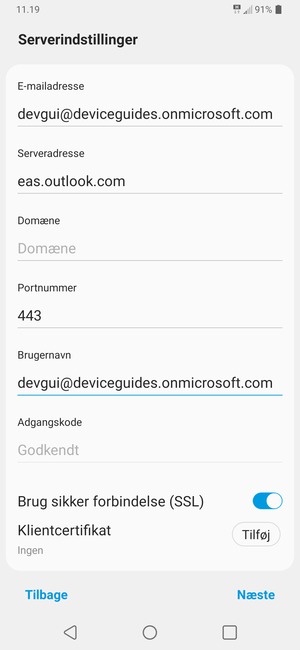 Indtast Exchange serveradresse og Brugernavn. Vælg Næste