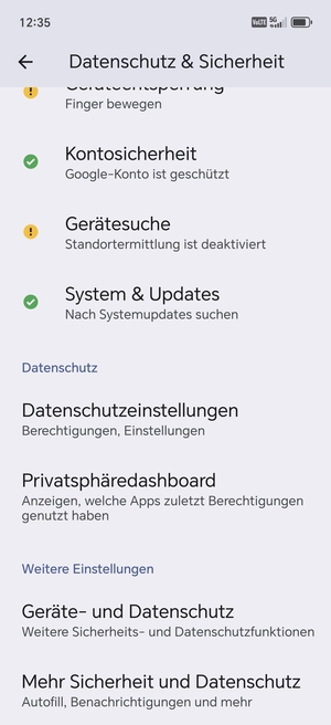 Scrollen Sie und wählen Sie Mehr Sicherheit und Datenschutz