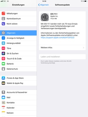 Falls Ihr iPad nicht aktualisiert ist, wählen Sie Laden und installieren