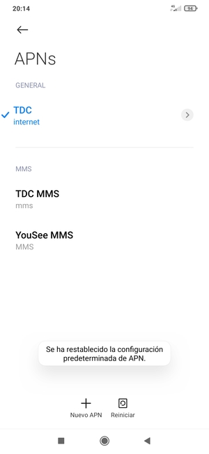 El teléfono se reiniciará con la configuración predeterminada de Internet y MMS