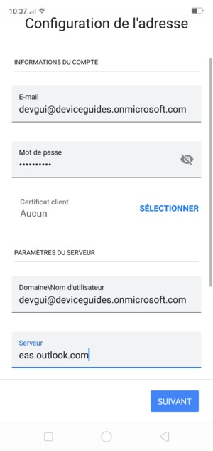 Saisissez votre Nom d'utilisateur et l'adresse du serveur Exchange. Sélectionnez SUIVANT
