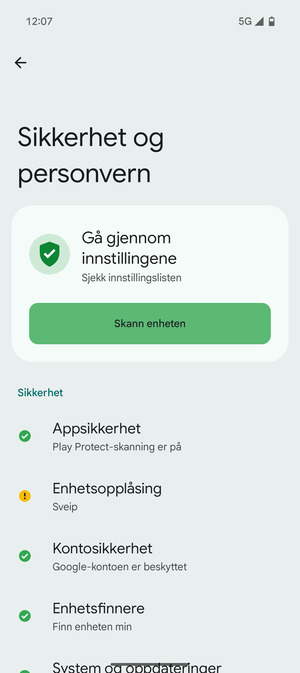 For å aktivere skjermlåsen, gå til Sikkerhet og personvern-menyen og velg Enhetsopplåsning