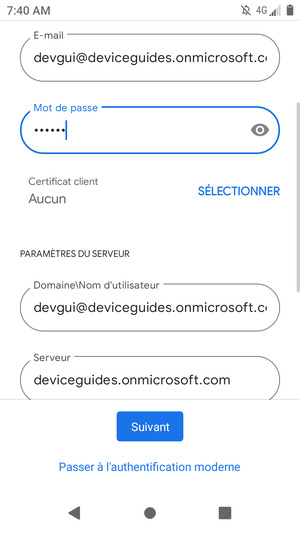 Saisissez votre Nom d'utilisateur et l'adresse du serveur Exchange. Sélectionnez Suivant