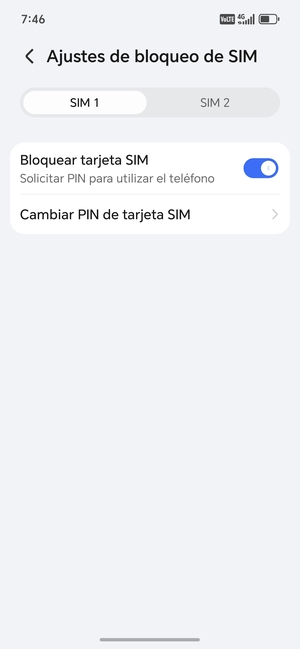 Seleccione SIM 1 o SIM 2 y seleccione Cambiar PIN de tarjeta SIM