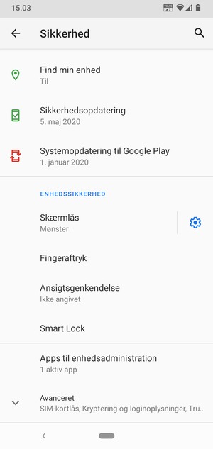 For at ændre PIN-koden til sim-kortet, scroll til og vælg Avanceret