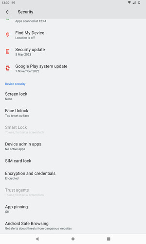To activate your screen lock, go to the Security menu and select Screen lock