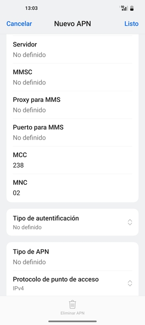 Desplácese hacia abajo e introduzca la información de Internet