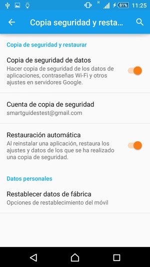 Active Copia de seguridad de datos y seleccione Cuenta de copia de seguridad