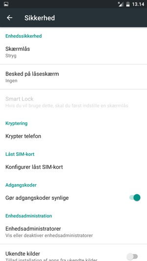 For at aktivere din skærmlås, gå til menuen Sikkerhed / Sikkerhed og fingeraftryk og vælg Skærmlås