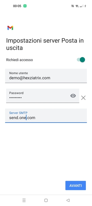 Inserisci l'indirizzo del server di posta in uscita e seleziona AVANTI