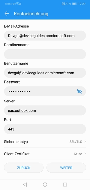 Geben Sie die Exchange-Server-Adresse ein und wählen Sie WEITER