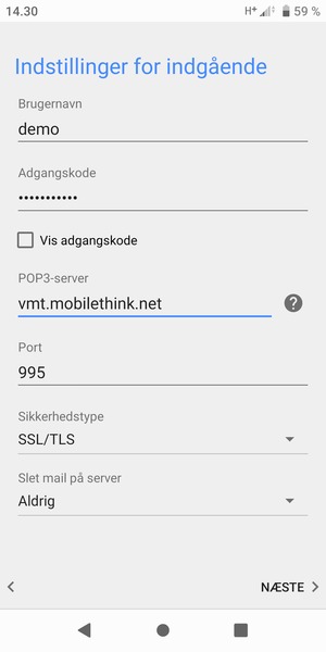 Indtast Brugernavn og Indgående serveradresse