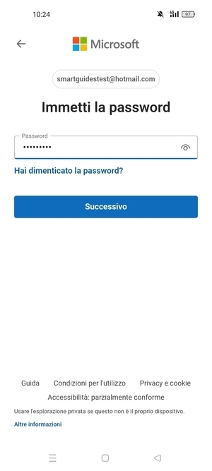 Inserisci la tua password e seleziona Successivo