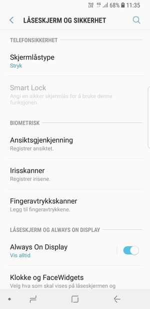 For å aktivere skjermlåsen, gå til Låseskjerm og sikkerhet-menyen og velg Skjermlåstype