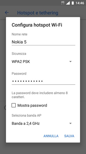 Inserisci una password dell'hotspot Wi-Fi di almeno 8 caratteri e seleziona SALVA