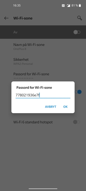 Skriv inn et Wi-Fi hotspot-passord på minst 8 tegn og velg OK