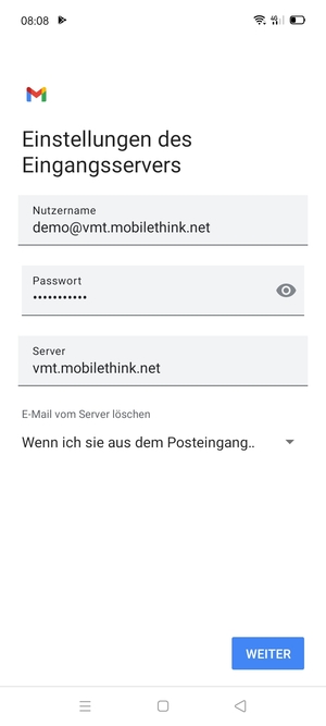 Geben Sie Benutzername und die Server-Adresse für eingehende Post ein. Wählen Sie WEITER