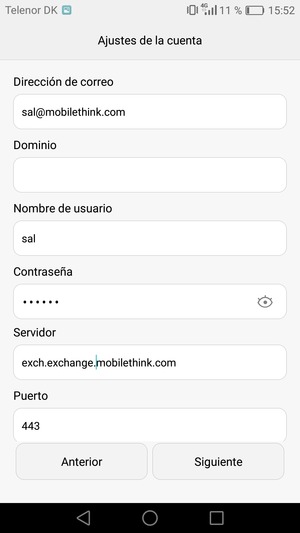 Introduzca la dirección de servidor Exchange y seleccione Siguiente